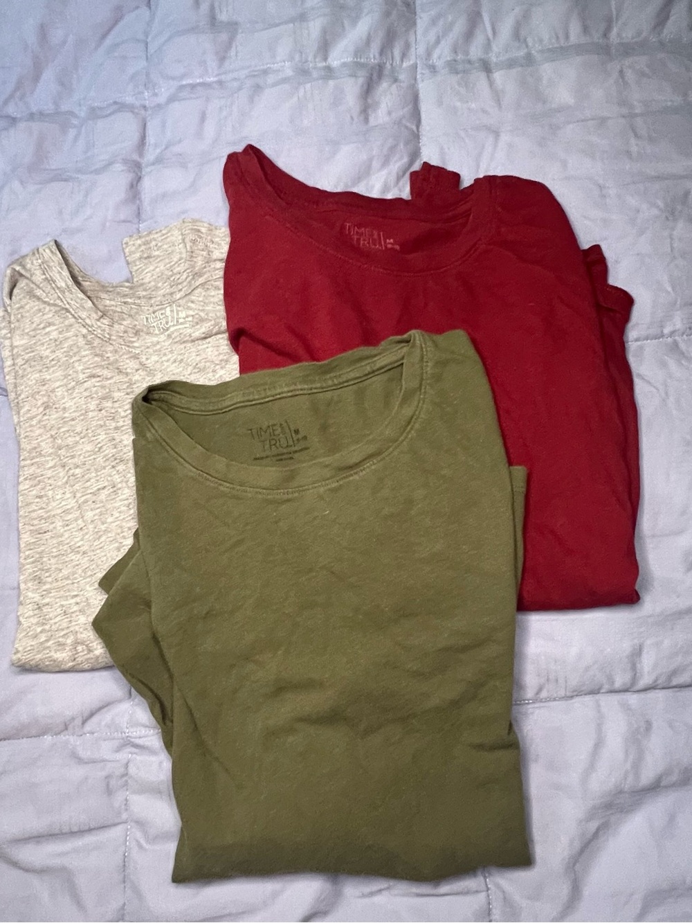 Time and Tru Crew Neck Tees in Olive, Red & Heather Cream